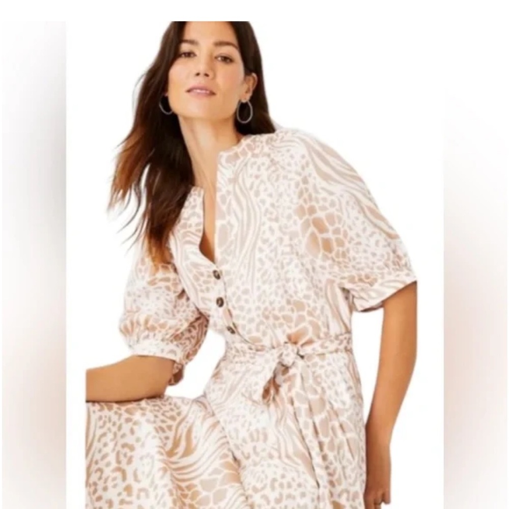 ANN TAYLOR Mixed Animal Print Midi Shirt Dress Tan White Size Medium Petite